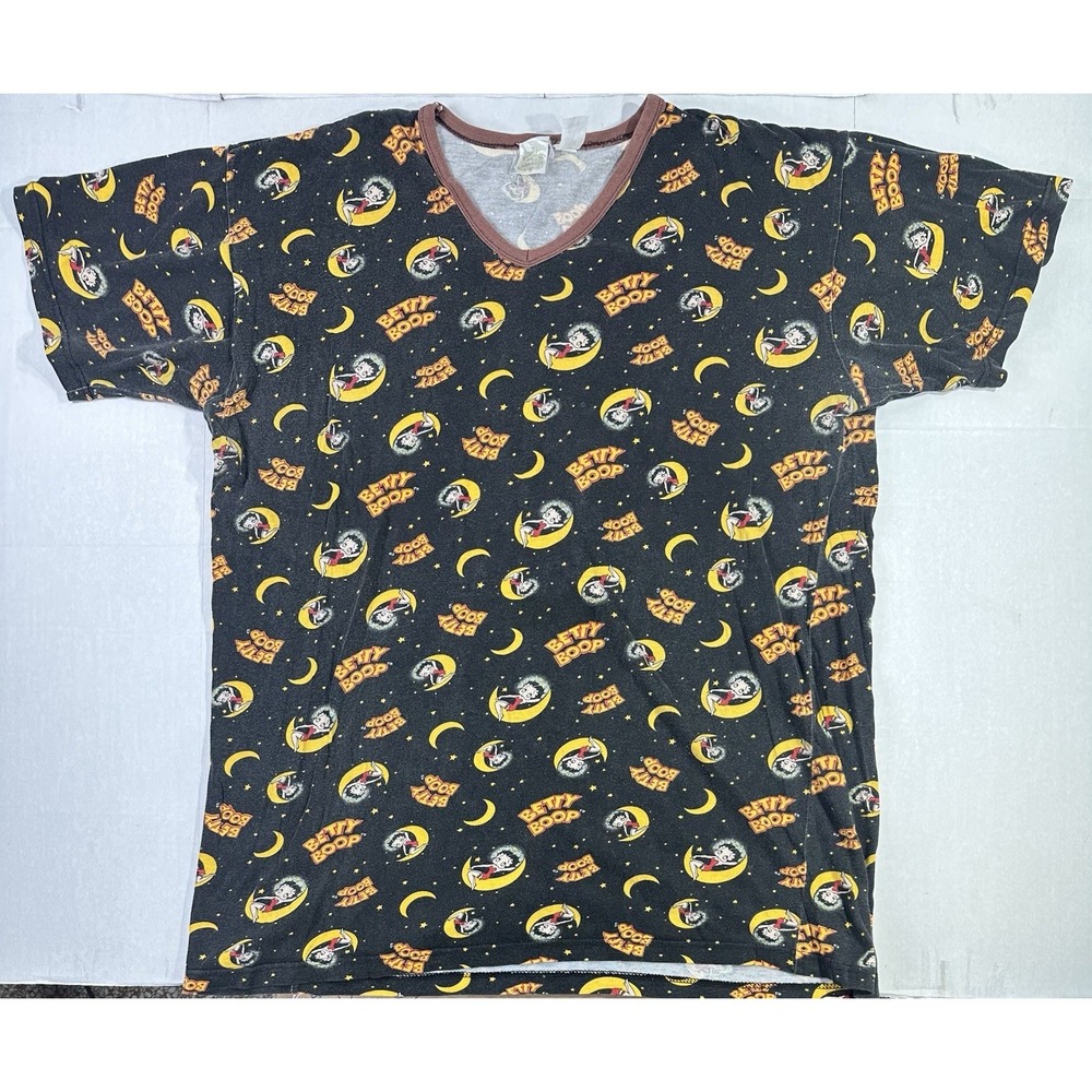 Vintage 90s Betty Boop All Over Print T Shirt Moon Stars Black V Neck XL Rare